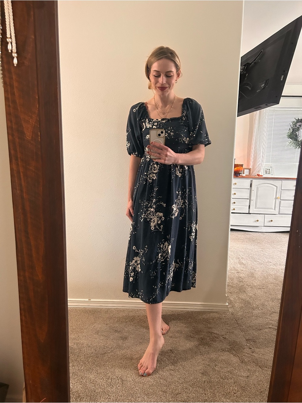 Maurices Navy Floral Square-Neck Midi Dress